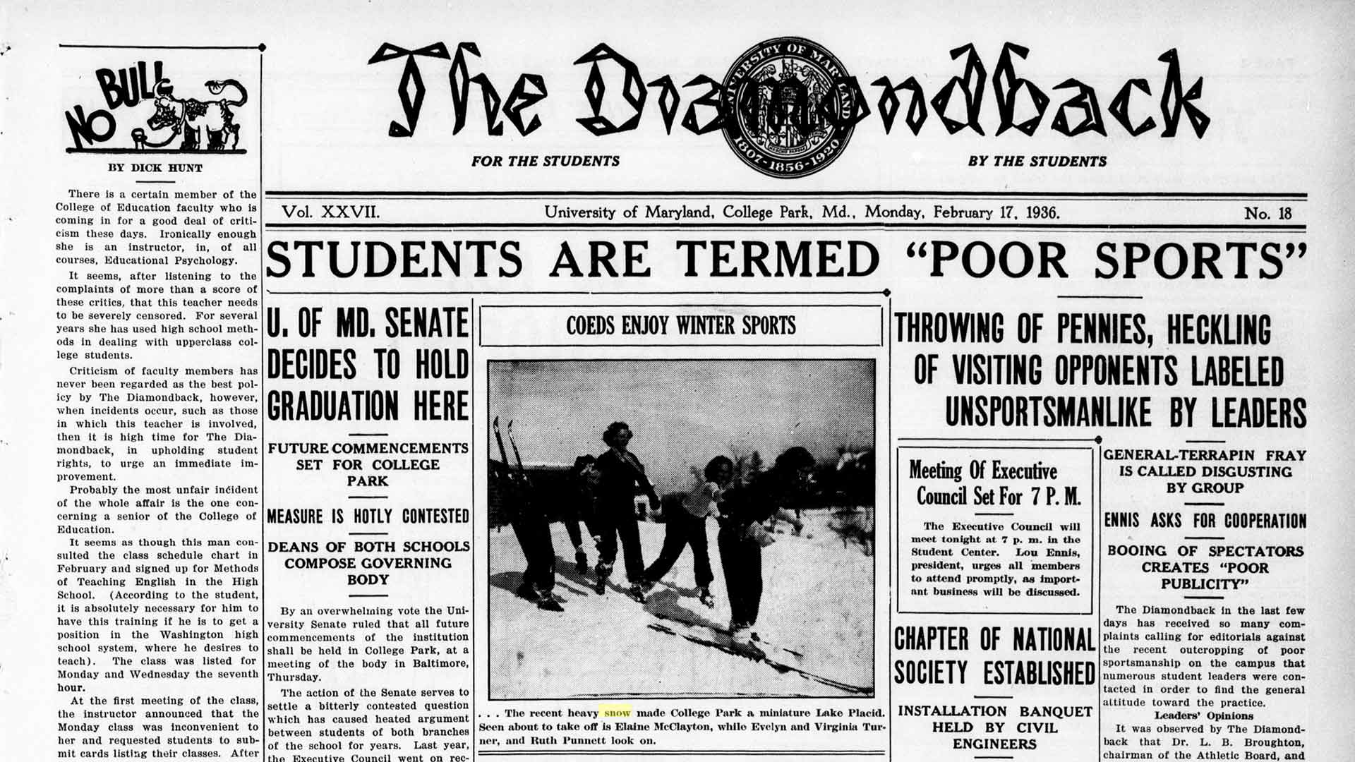 Diamondback page showing photo of female students skiing in 1936