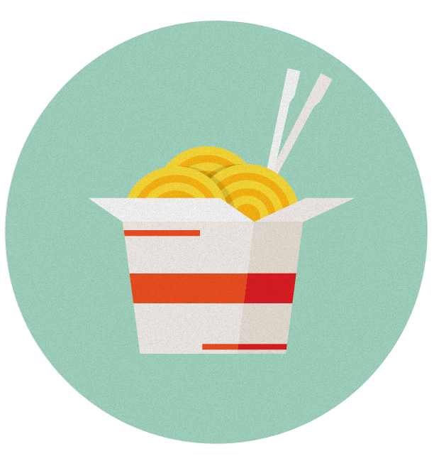 Illustration of noodles and chopsticks in takeout box