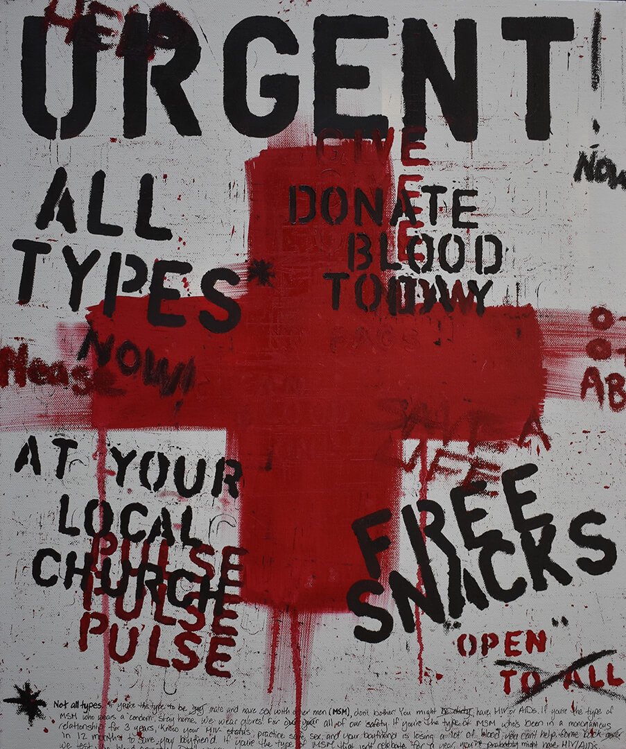 “Clean Blood Only,” oil paint, pigment stick, and marker on canvas