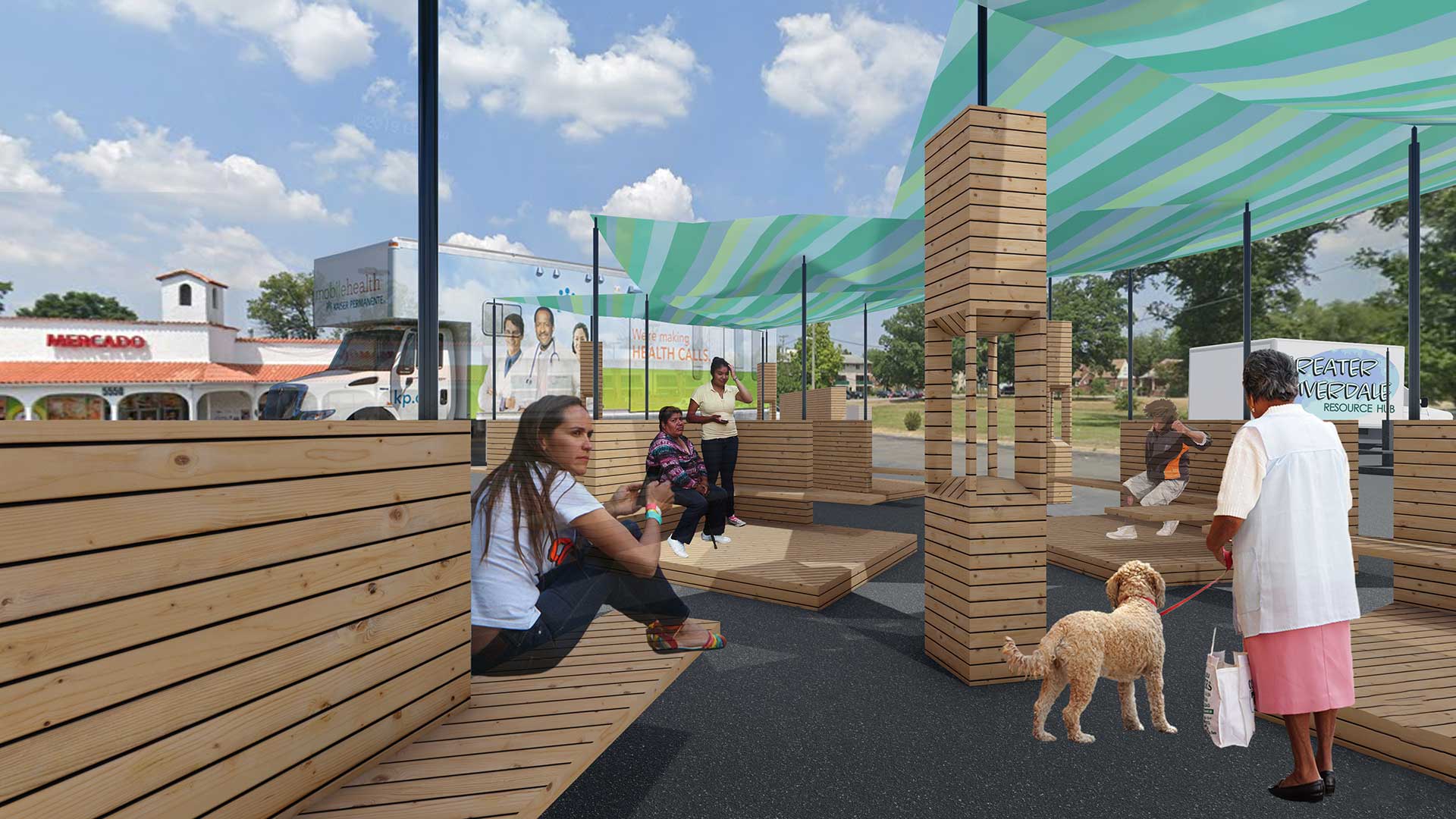 Rendering of furniture outside van/mobile resource hub