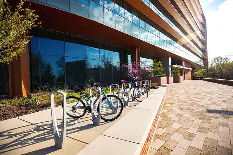 Bikes parked outside the Brendan Iribe Center for Computer Science and Engineering are an enticing mode of travel when the trees are flowering and the weather warms.