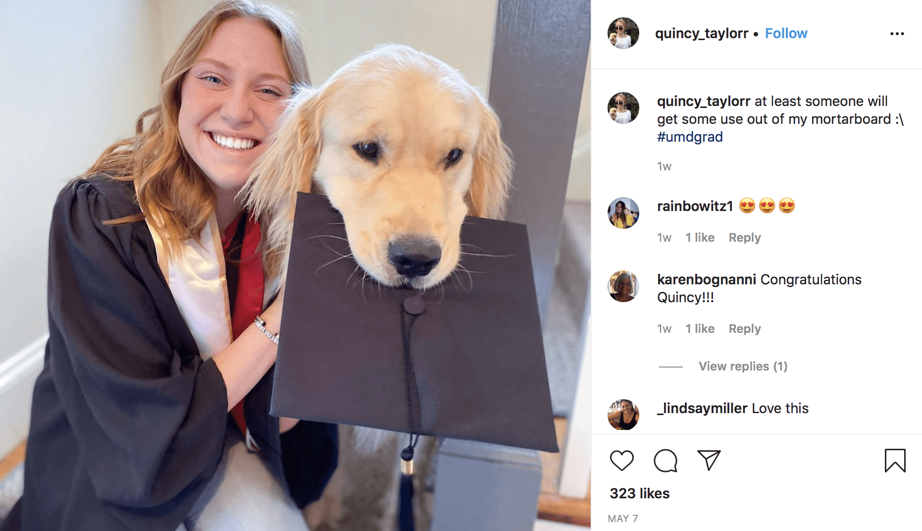 Screengrab from Instagram that reads, "at least someone will get some use out of my mortarboard :\ #umdgrad"