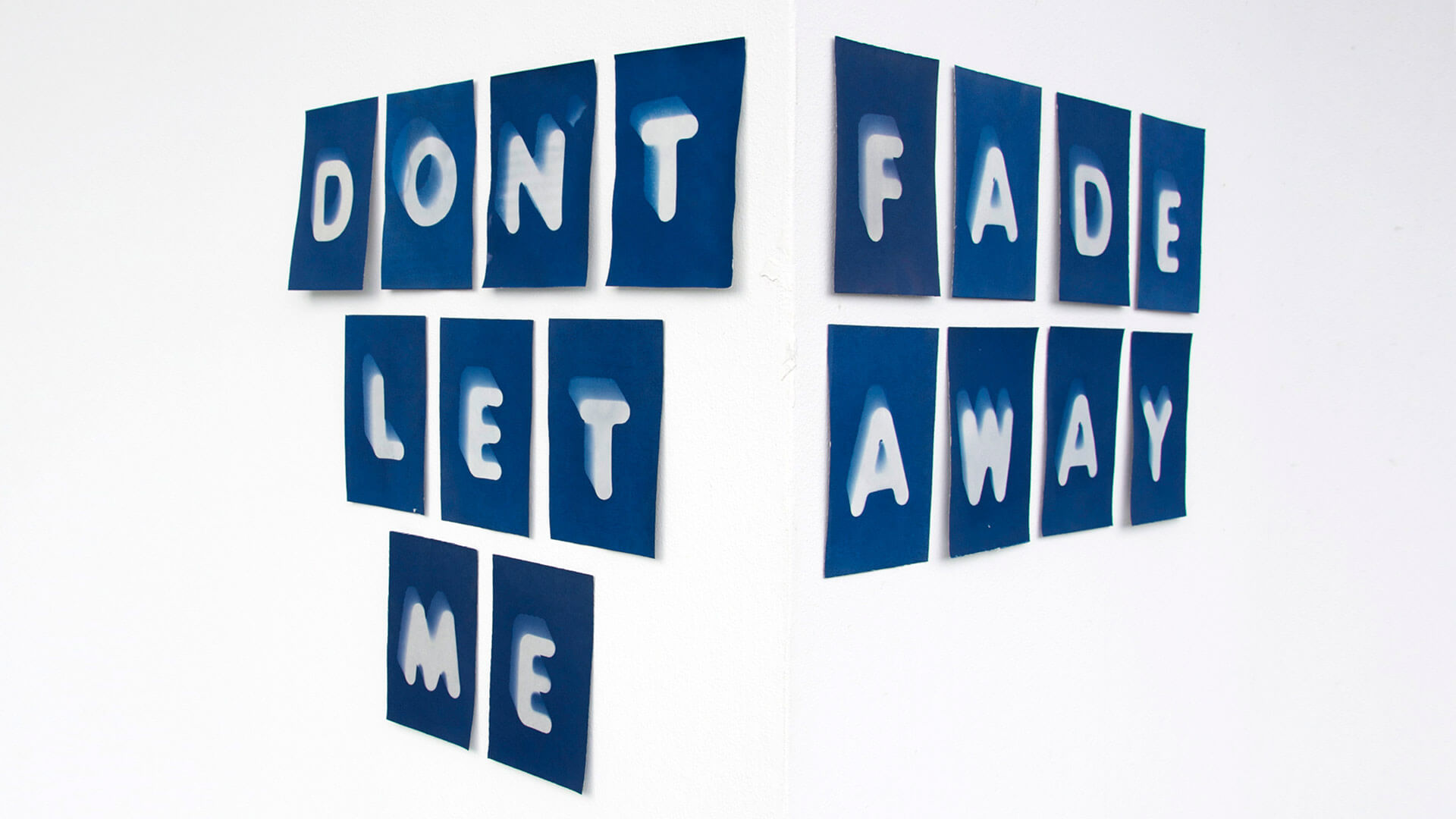 “Self Portrait,” cyanotypes on archival paper. The piece reads, "Don't Let Me Fade Away"
