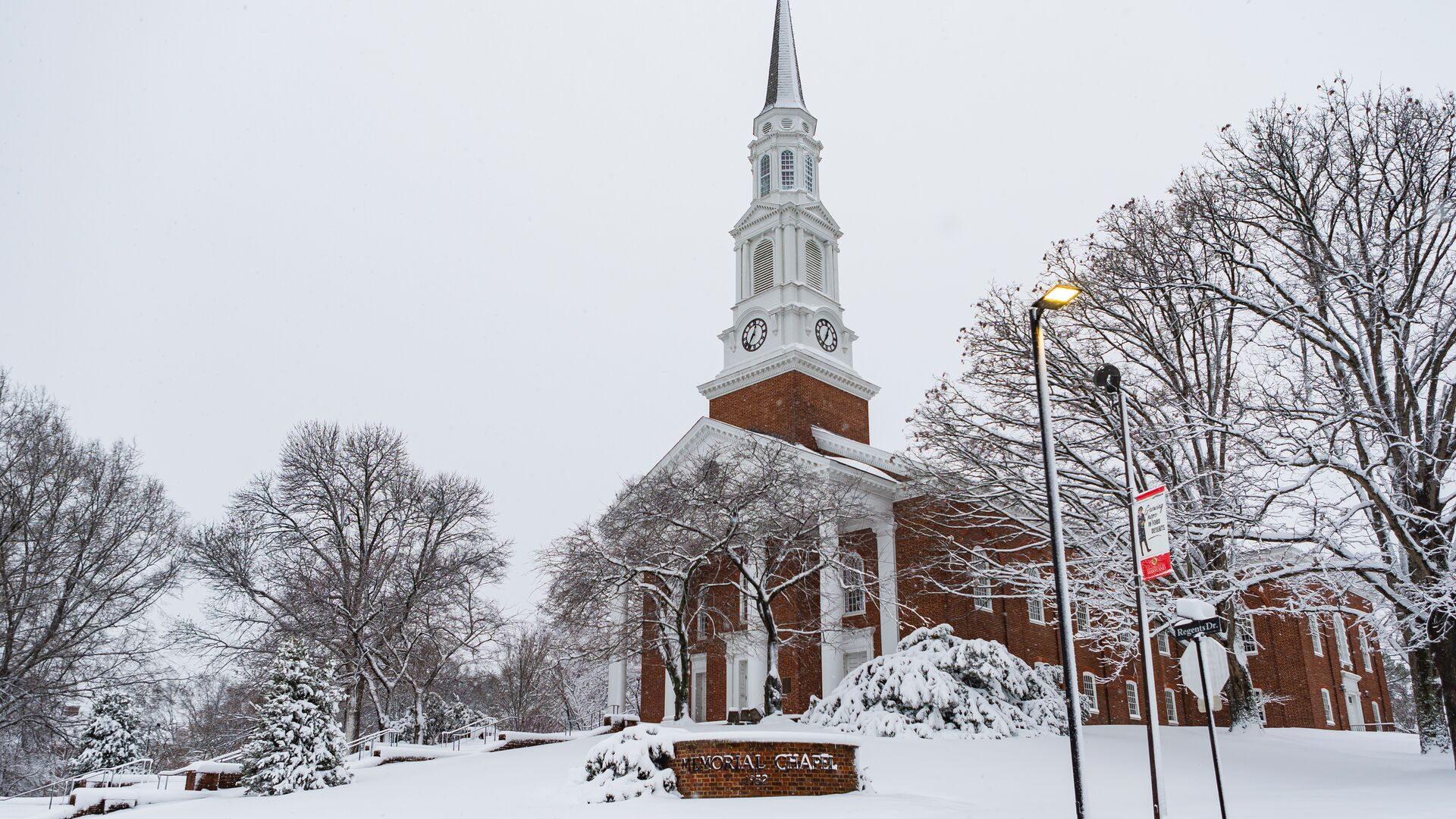 UMD Memorial Chapel covered in snow
